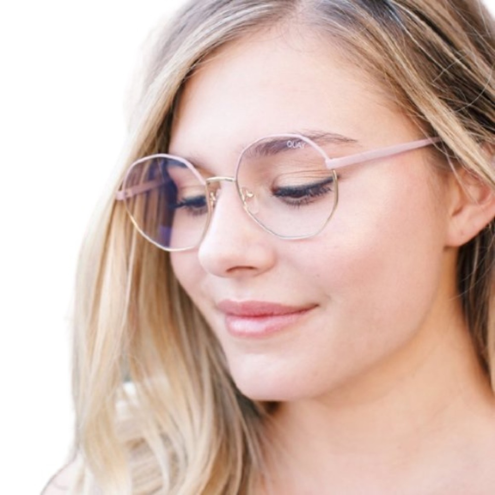 QUAY Eclectic Blue Light Glasses Pink Gold Frames - Picture 3 of 9